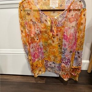 JOHNNY WAS Floral Patchwork Sheer Blouse in Yellow, Pink, Purplec